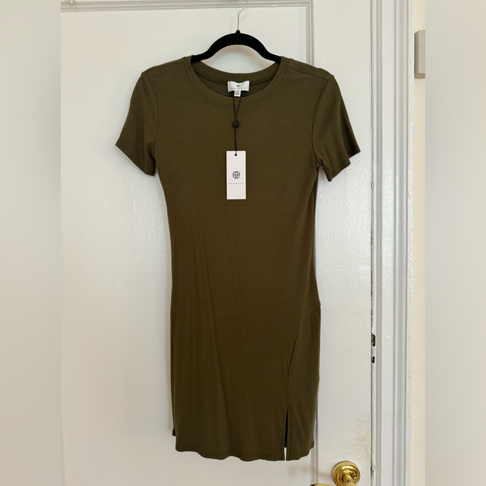 Socialite Khaki Green Ribbed T-shirt Minidress
